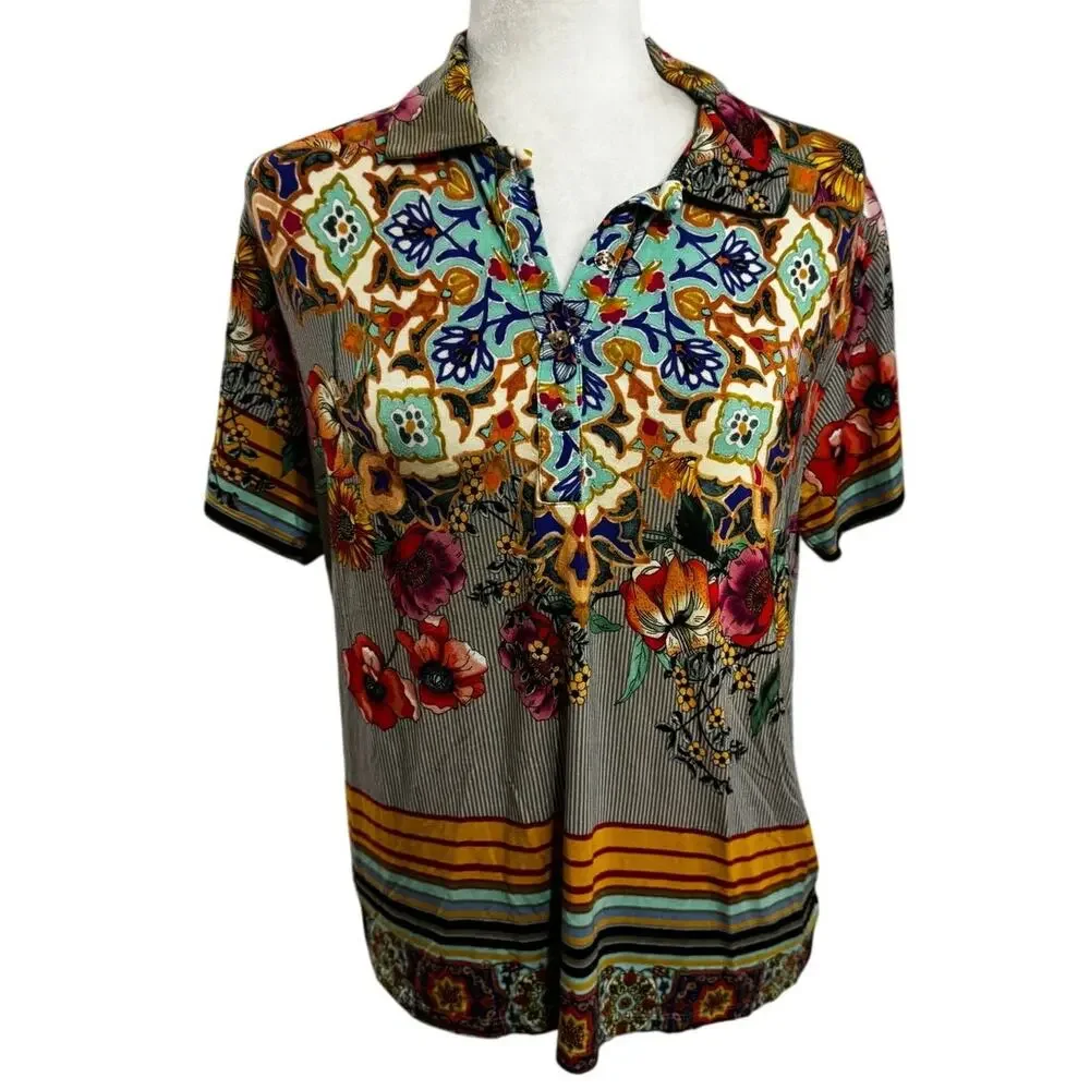 Johnny Was JWLA Hunter Polo Shirt | Floral Tile Print Bamboo Blend | Size S - Picture 2 of 6